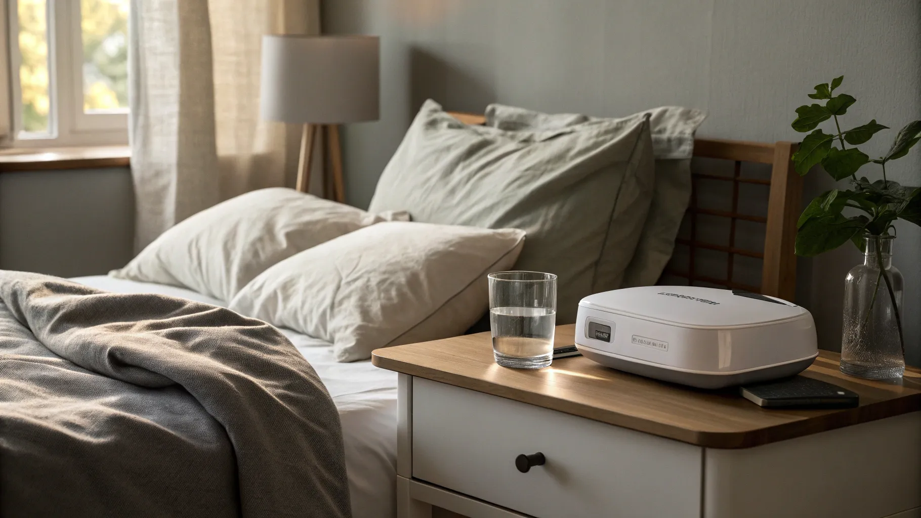 Signs of Sleep Apnea, a peaceful bedroom with a CPAP machine and cozy bedding.