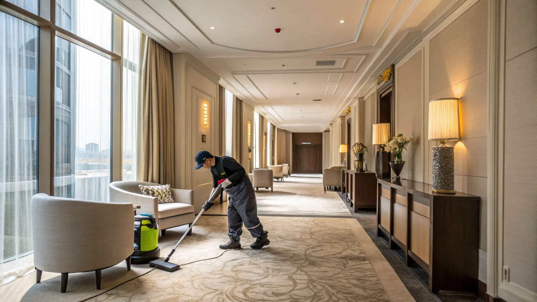 Hotel cleaner positions reflect eco-friendly tools in a bright, elegant hotel room.
