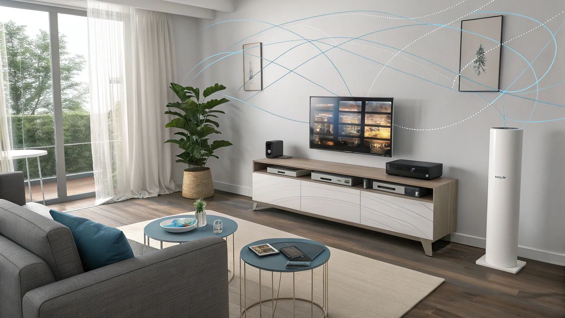 Buyer’s Guide to Mesh WiFi Systems: A stylish living room showcasing mesh WiFi nodes.