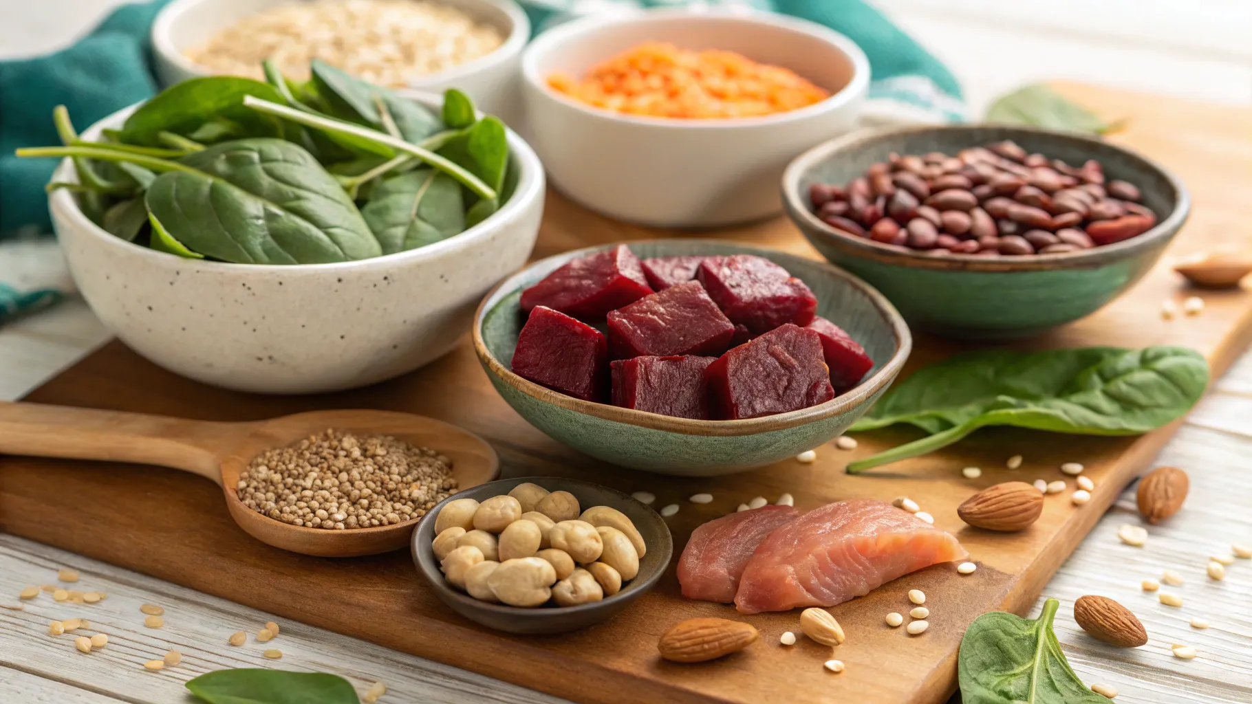 Iron Deficiency Symptoms: A colorful meal showcasing iron-rich foods on a wooden table.