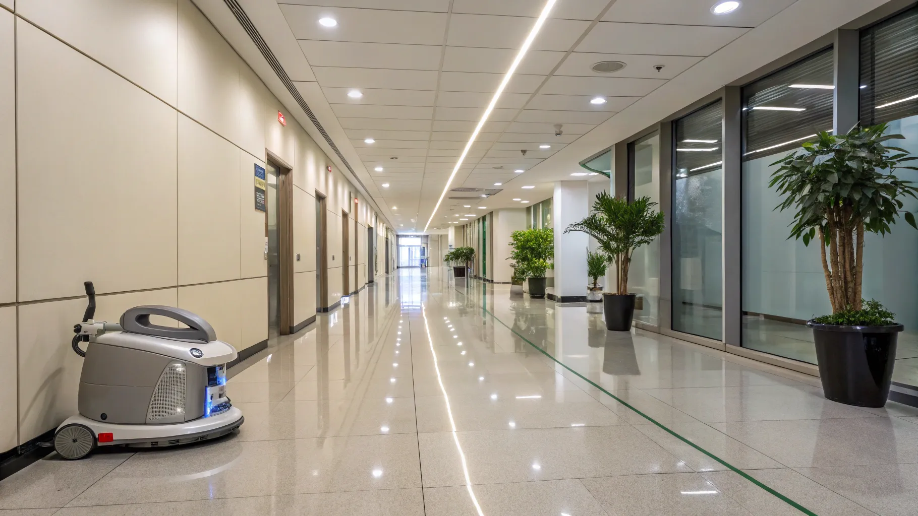 Janitor positions shine in a pristine office corridor, blending nature and technology seamlessly.