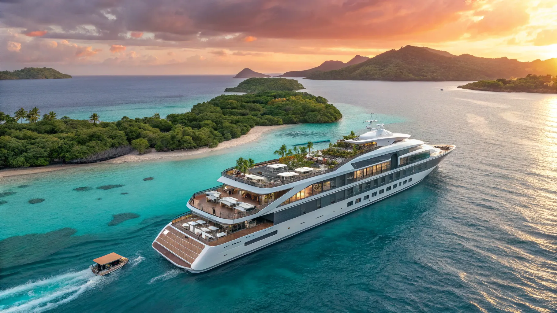 Luxury Cruises for singles sailing through tropical waters at sunset, serene and inviting.