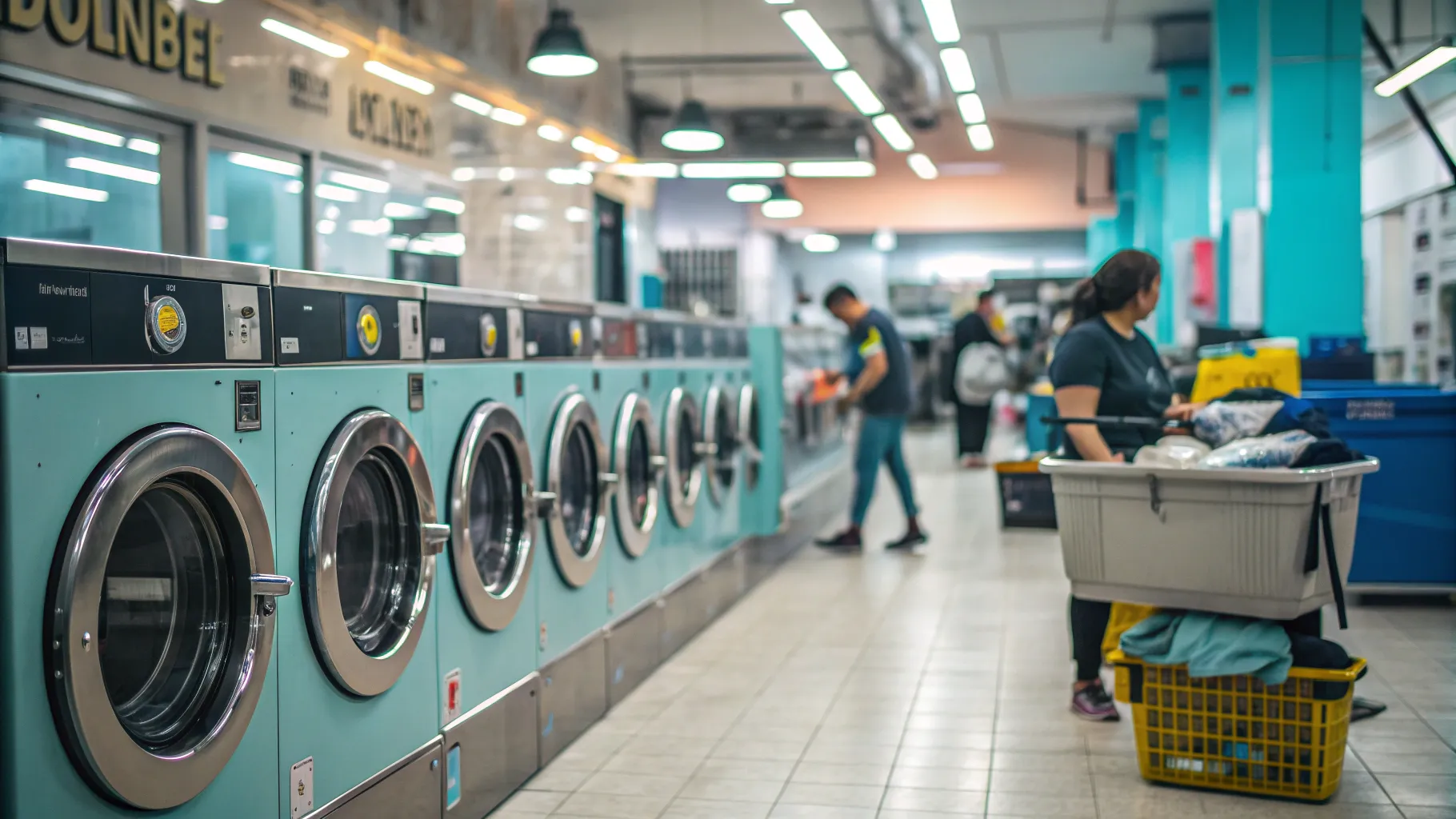 Laundry worker Positions in a modern laundromat with advanced eco-friendly machines.