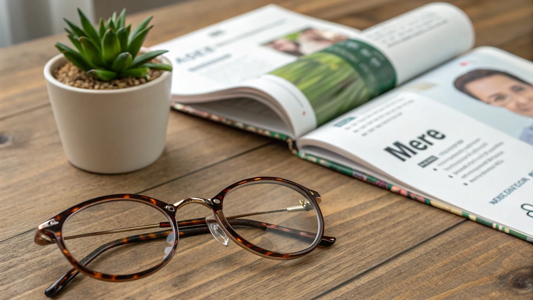Are Eyeglasses Covered by Medicare? Stylish eyeglasses on a table with an eye health brochure.