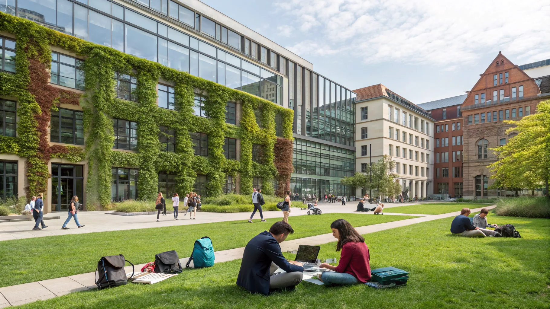 Complete Guide to Fully Funded Study Programs in Germany: Scholarships, and Success Strategies. A vibrant university setting with modern buildings and students immersed in their studies.