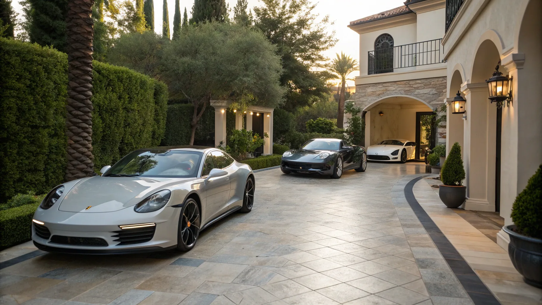 Luxury car subscription plans displayed with elegant vehicles and a lush, upscale setting.