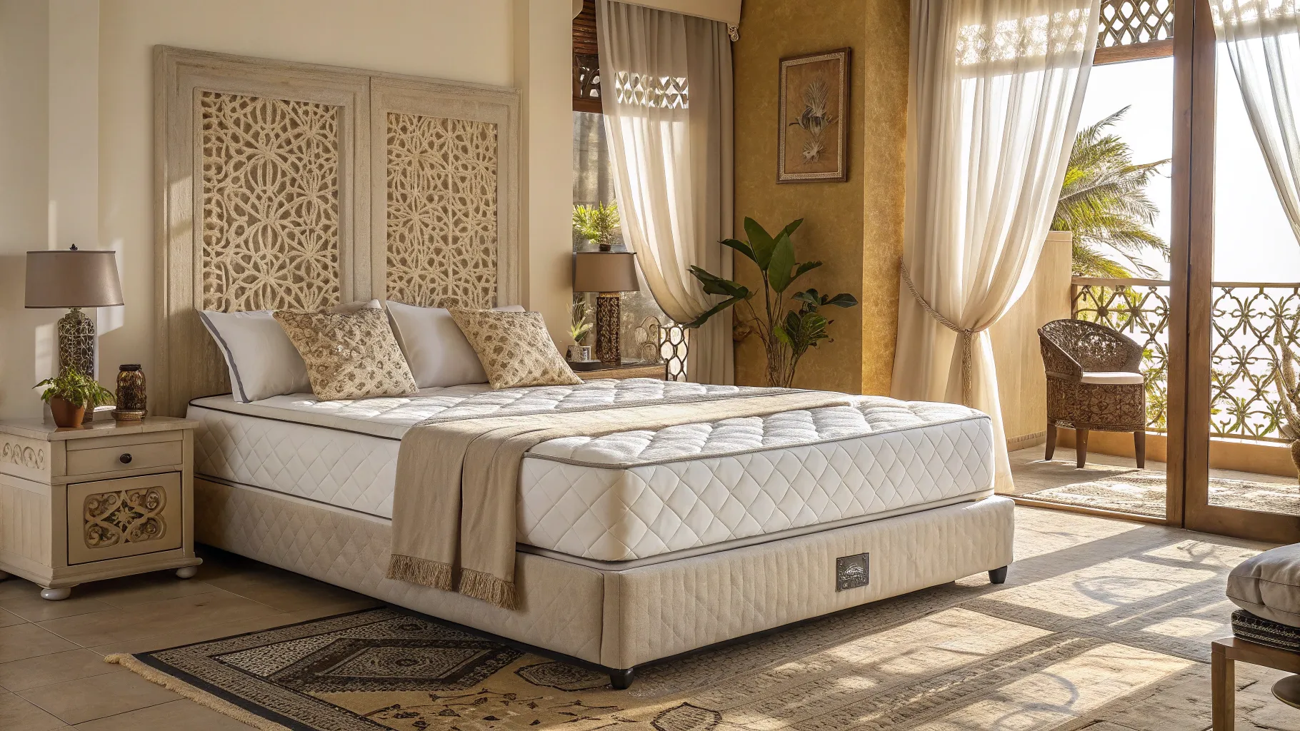 Buying Mattress Guide: Various mattress types in a stylish bedroom setup.
