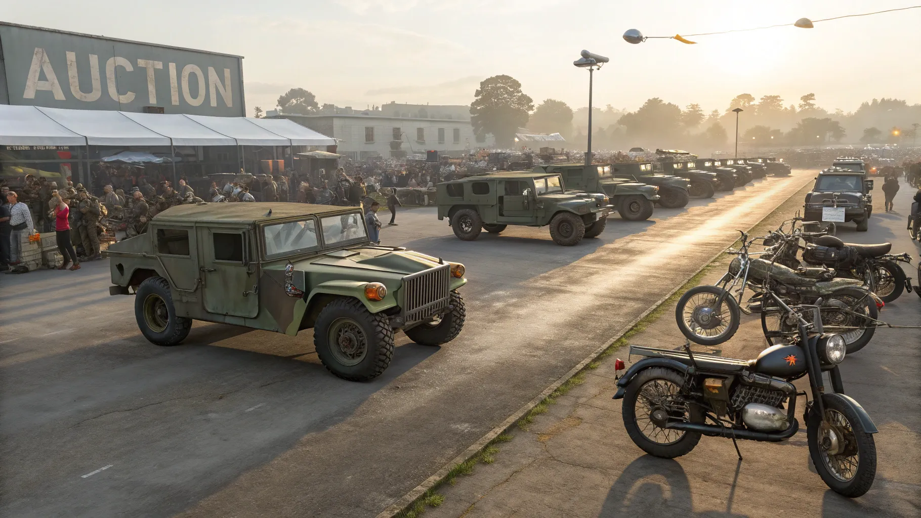 Auctions of surplus military vehicles showcase unique armored trucks and trailers.