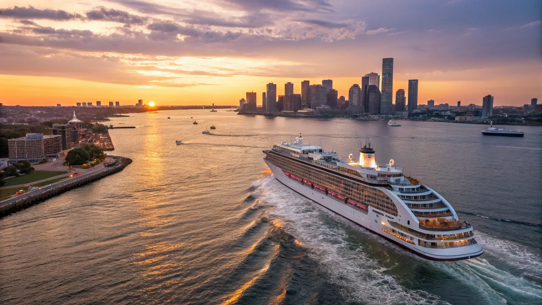 Montreal to Boston Cruise Deals: Stunning cruise ship with Boston skyline at sunset.