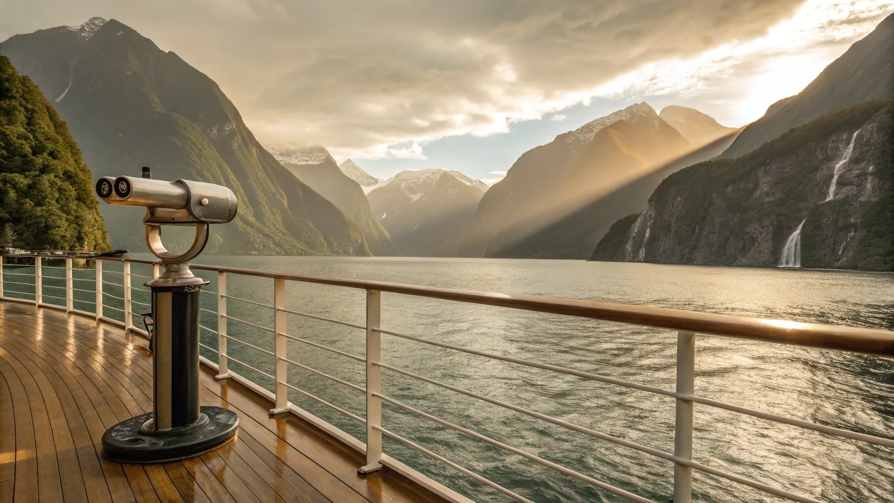 Australia to New Zealand cruise: ship railing and binoculars with fjord views