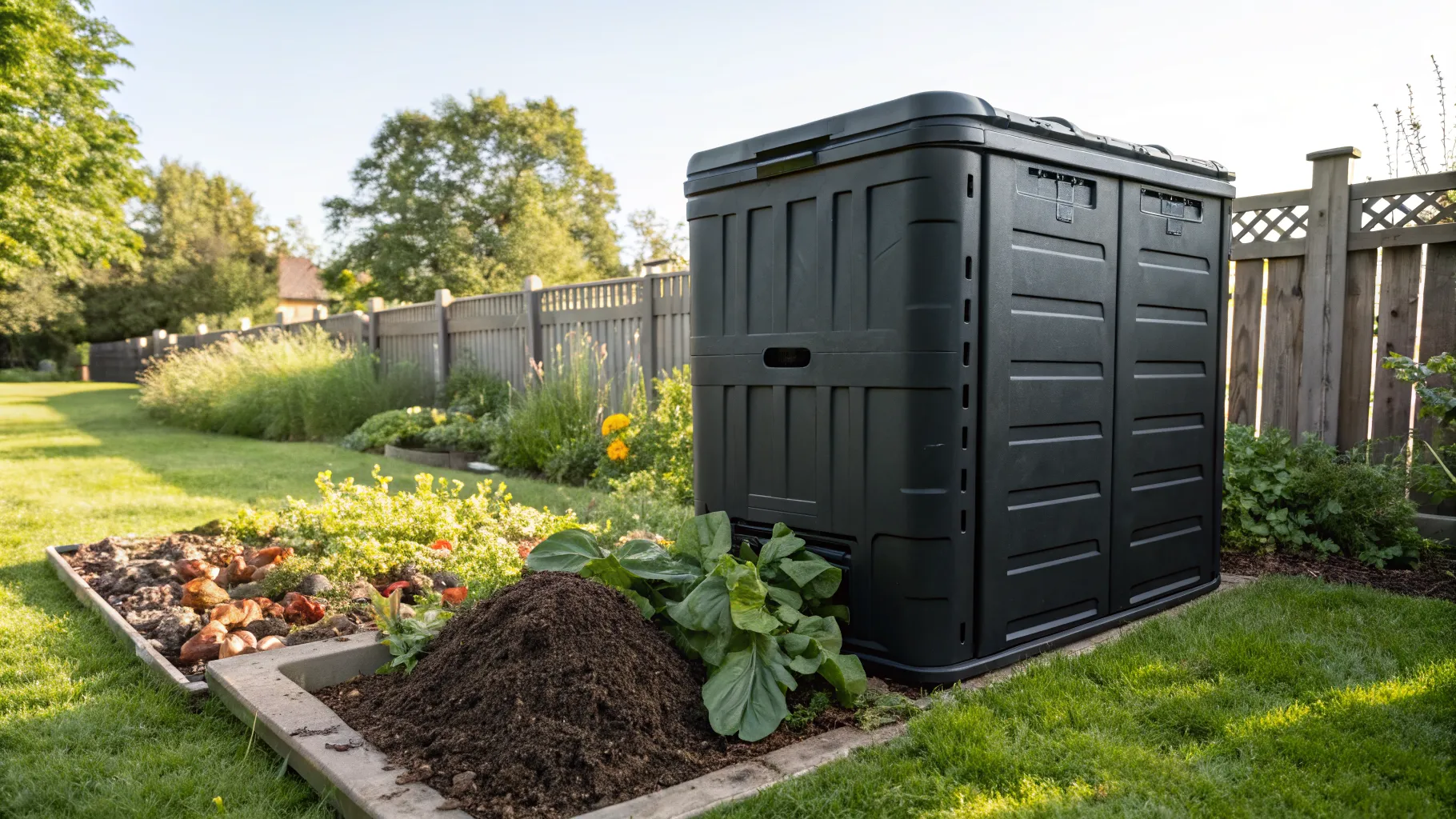 A durable, large outdoor composting bin made of recycled plastic, situated in a well-maintained garden next to a vegetable patch.