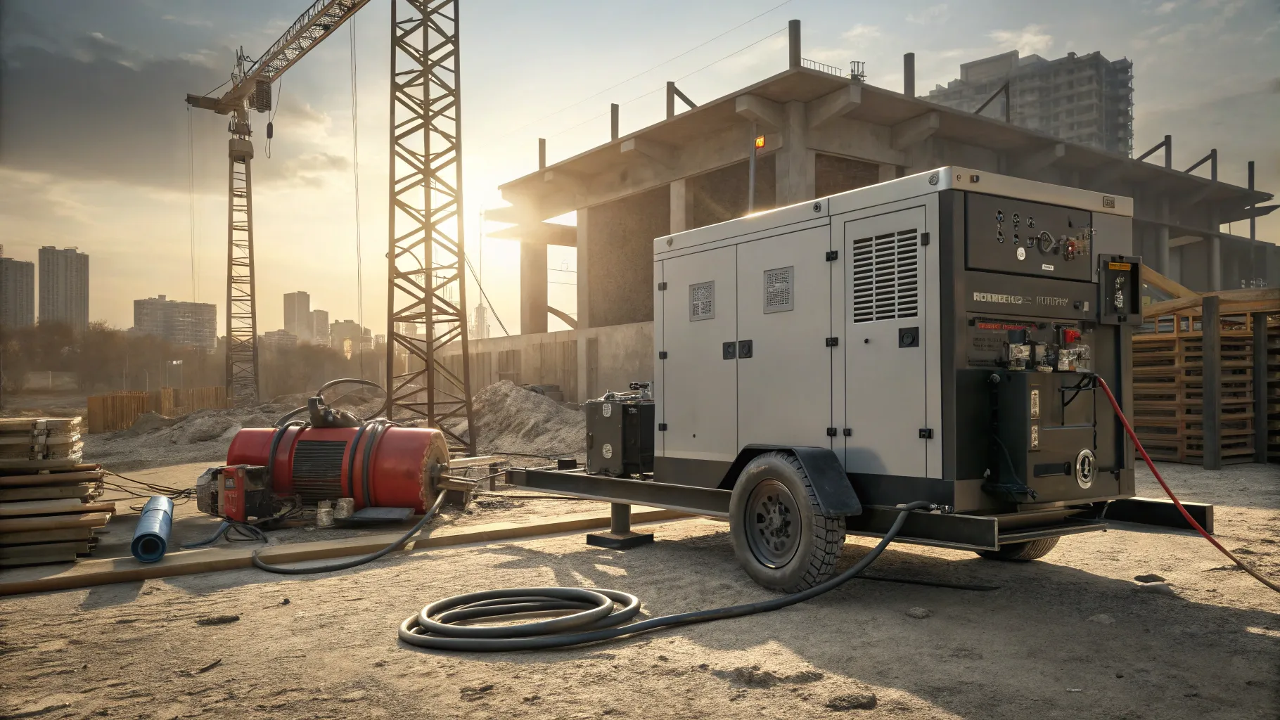 Mobile diesel electric power units at a construction site powering tools and equipment.