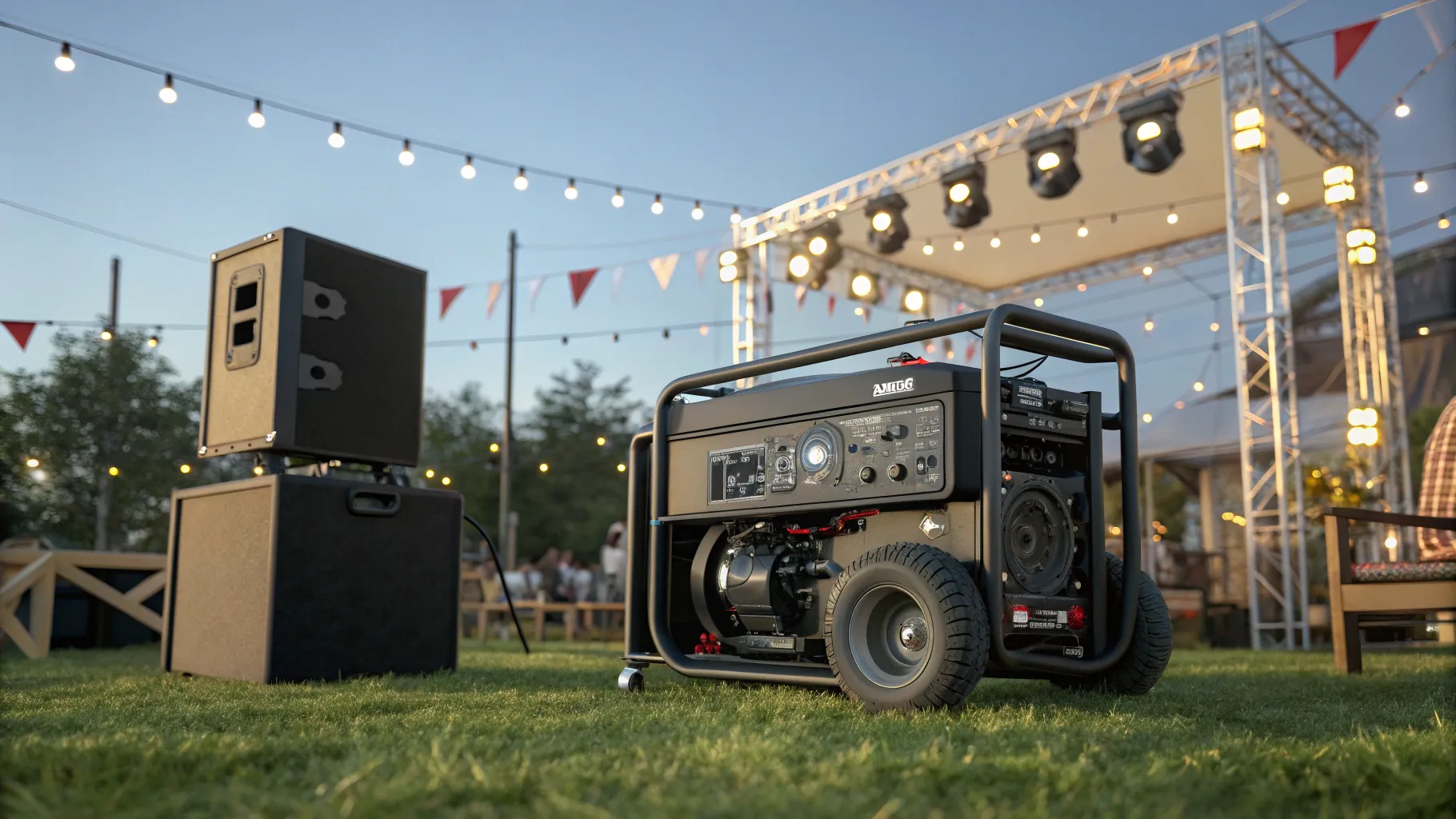 Portable diesel generators for flexible use at an outdoor event with lights and equipment.