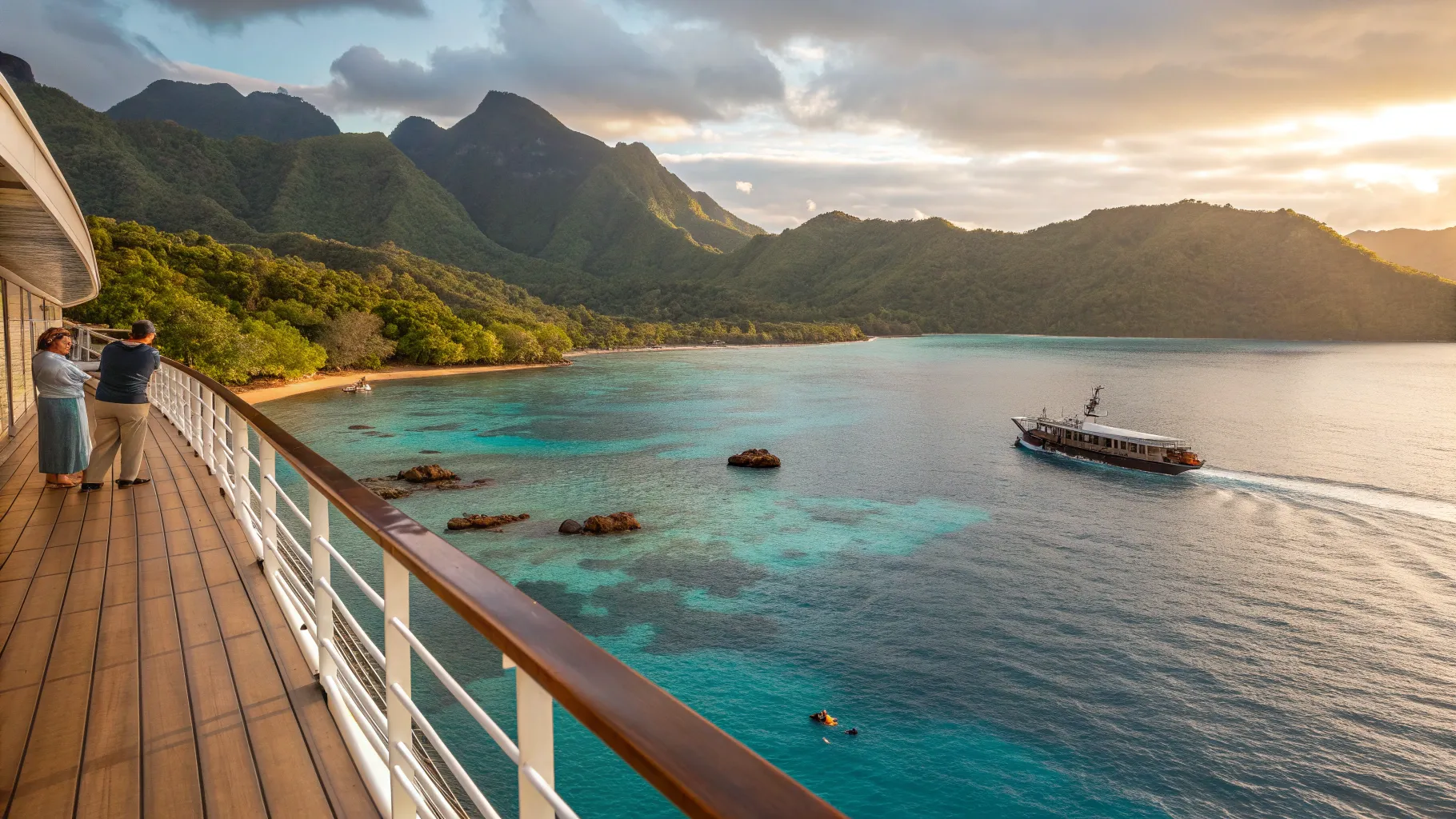 Australia to Papua New Guinea cruise: ship deck overlooking reef and volcanic coastline