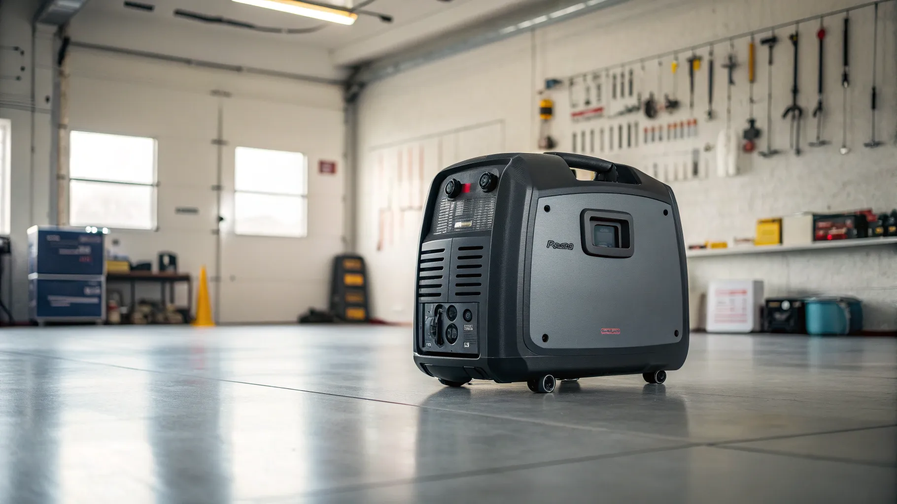 A modern, compact portable silent diesel generator on a clean concrete floor.
