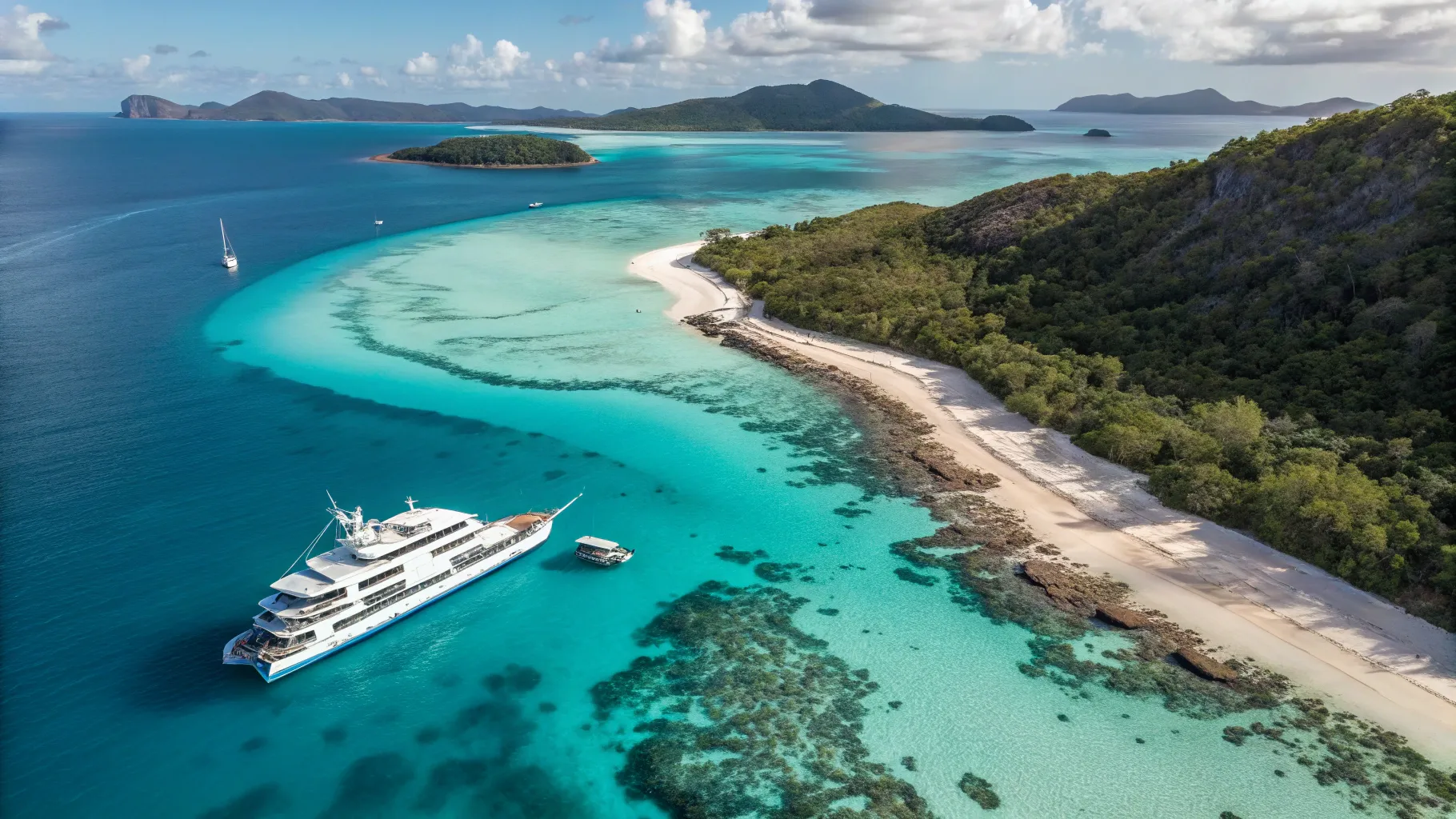 Australia to Queensland coast cruise - cruise ship near Whitehaven Beach and reef