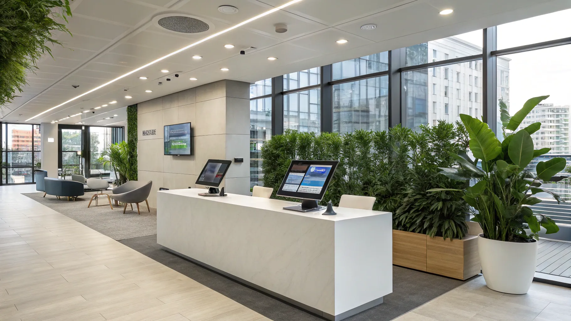 Receptionist positions with futuristic tech tools in a sleek, modern office setting.