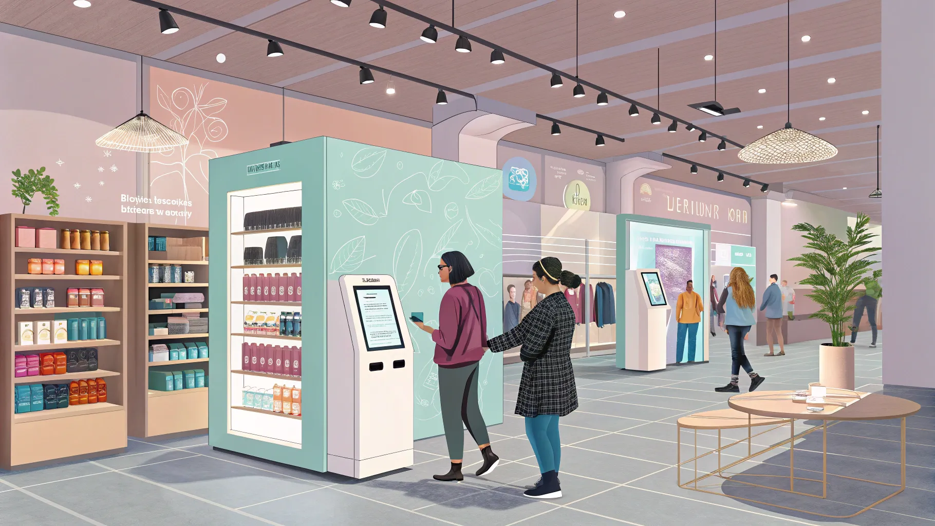 Retail assistant positions in a tech-savvy store with digital kiosks and VR fitting rooms.