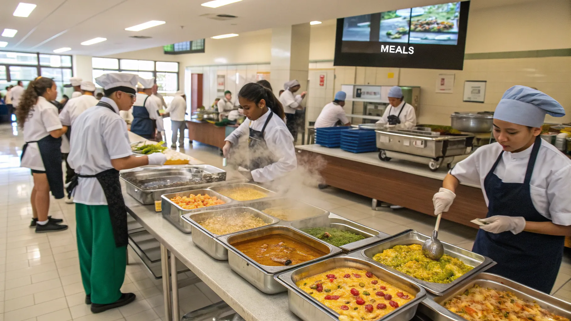School cafeteria positions depicted in a modern, vibrant and activity-rich environment.