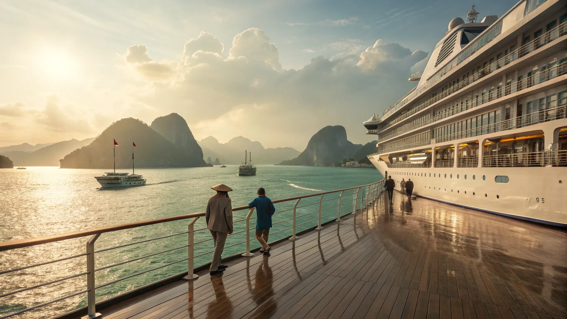 Australia to Singapore cruise: ship bow at sunset with tropical isles and distant city skyline