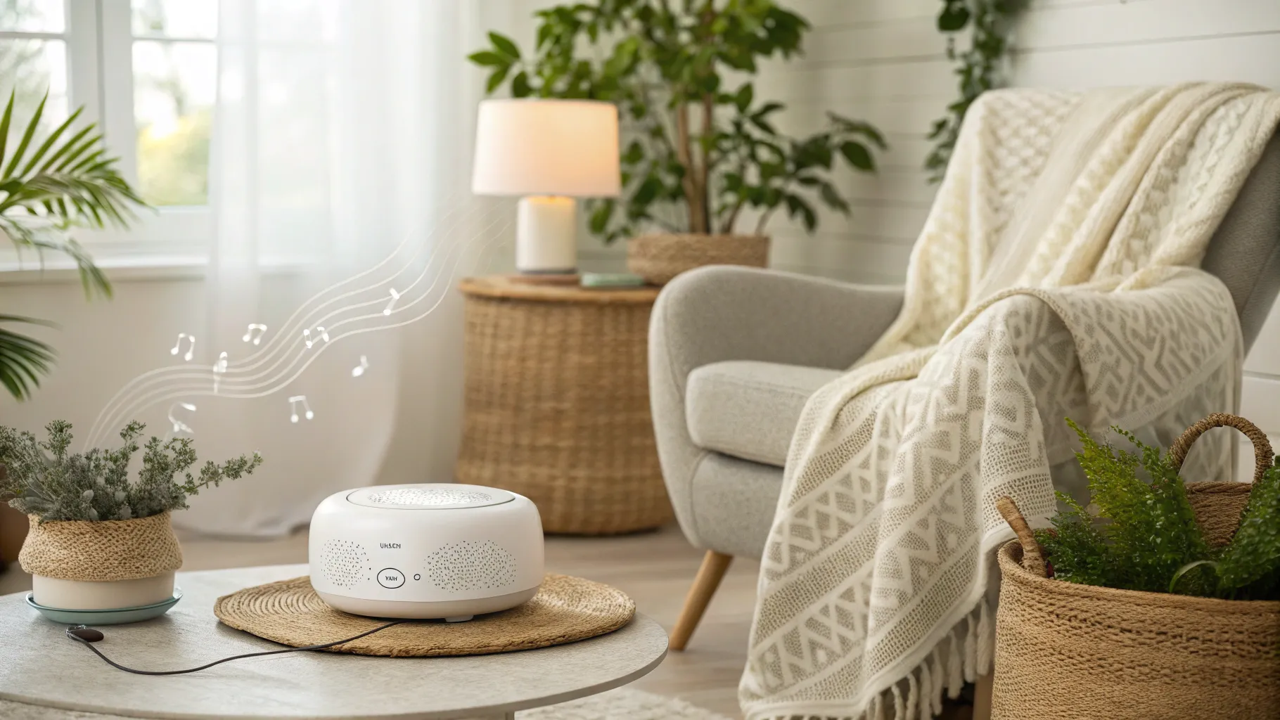 Sound Therapy for Tinnitus in a tranquil setting with soft lighting and a noise machine.