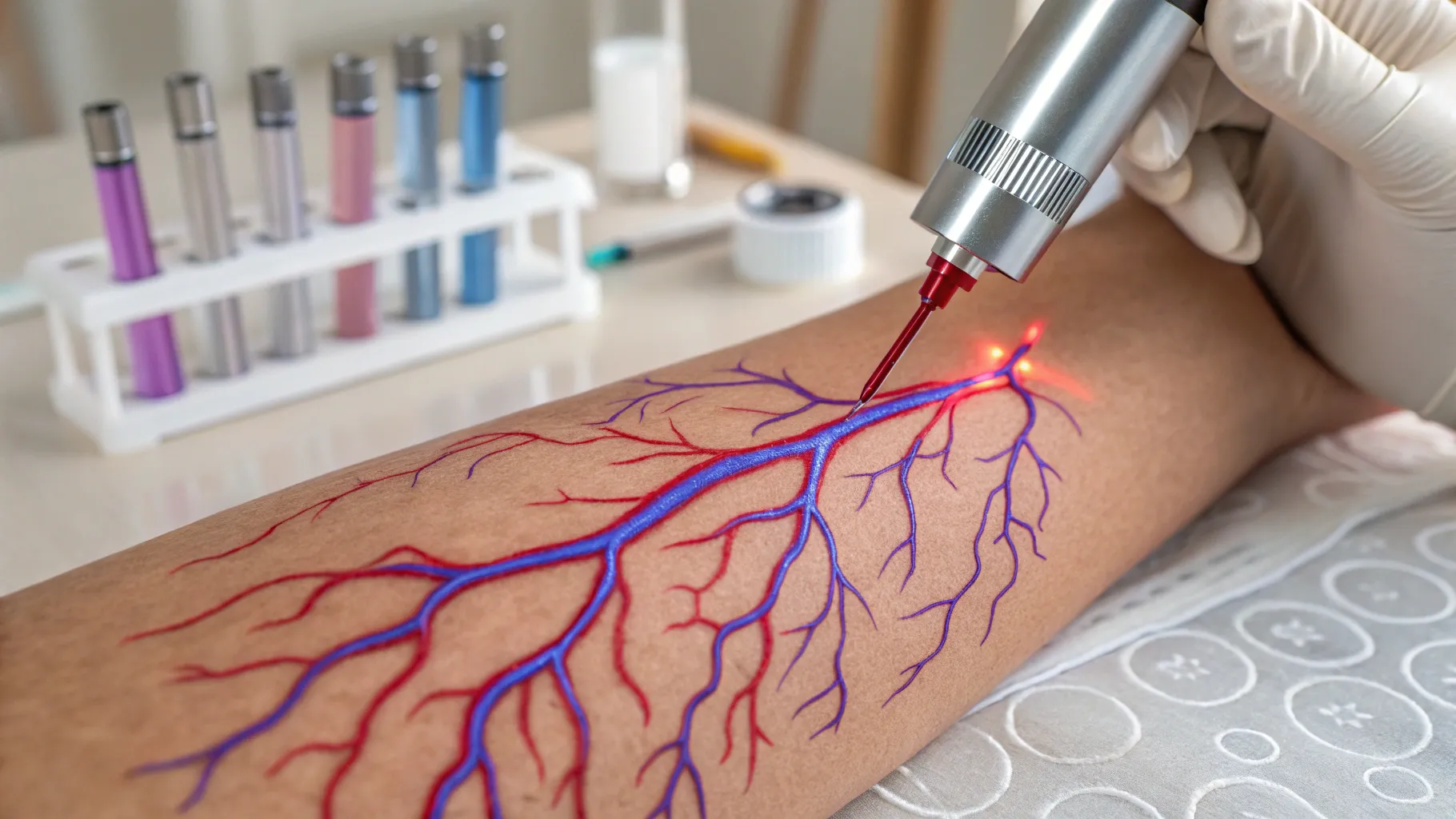 Laser Removal of Spider Veins focuses on skin with visible fine veins and laser equipment.