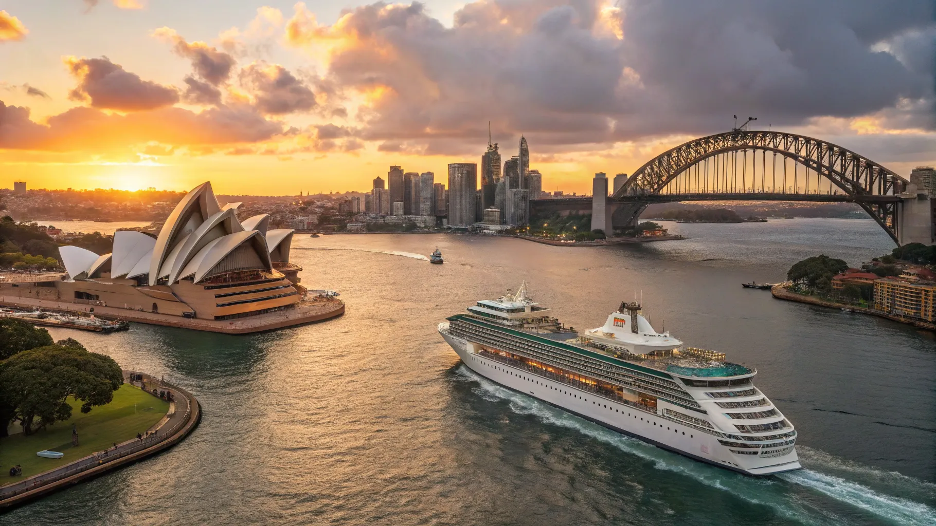 Cruises from Sydney 2026 set sail from a picturesque harbour at sunset.