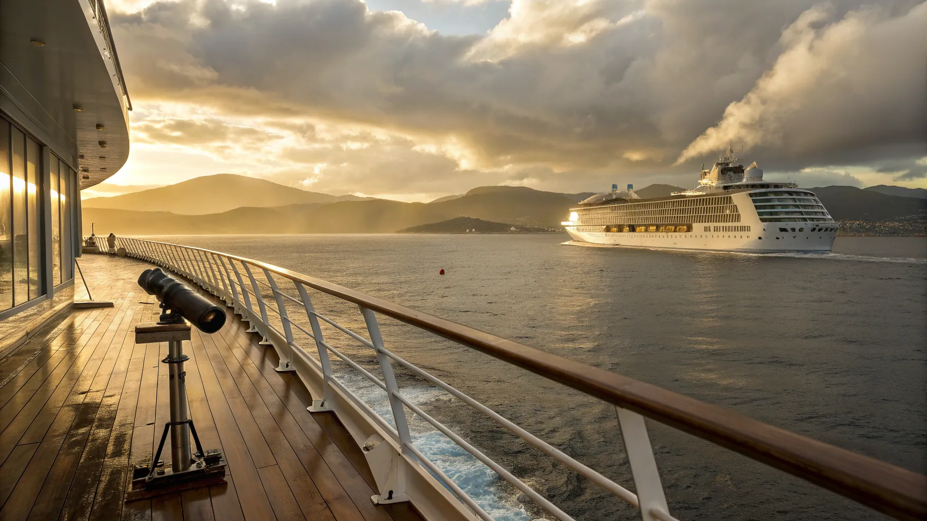 Australia to Tasmania cruise ship approaching Hobart with Mt Wellington at golden hour