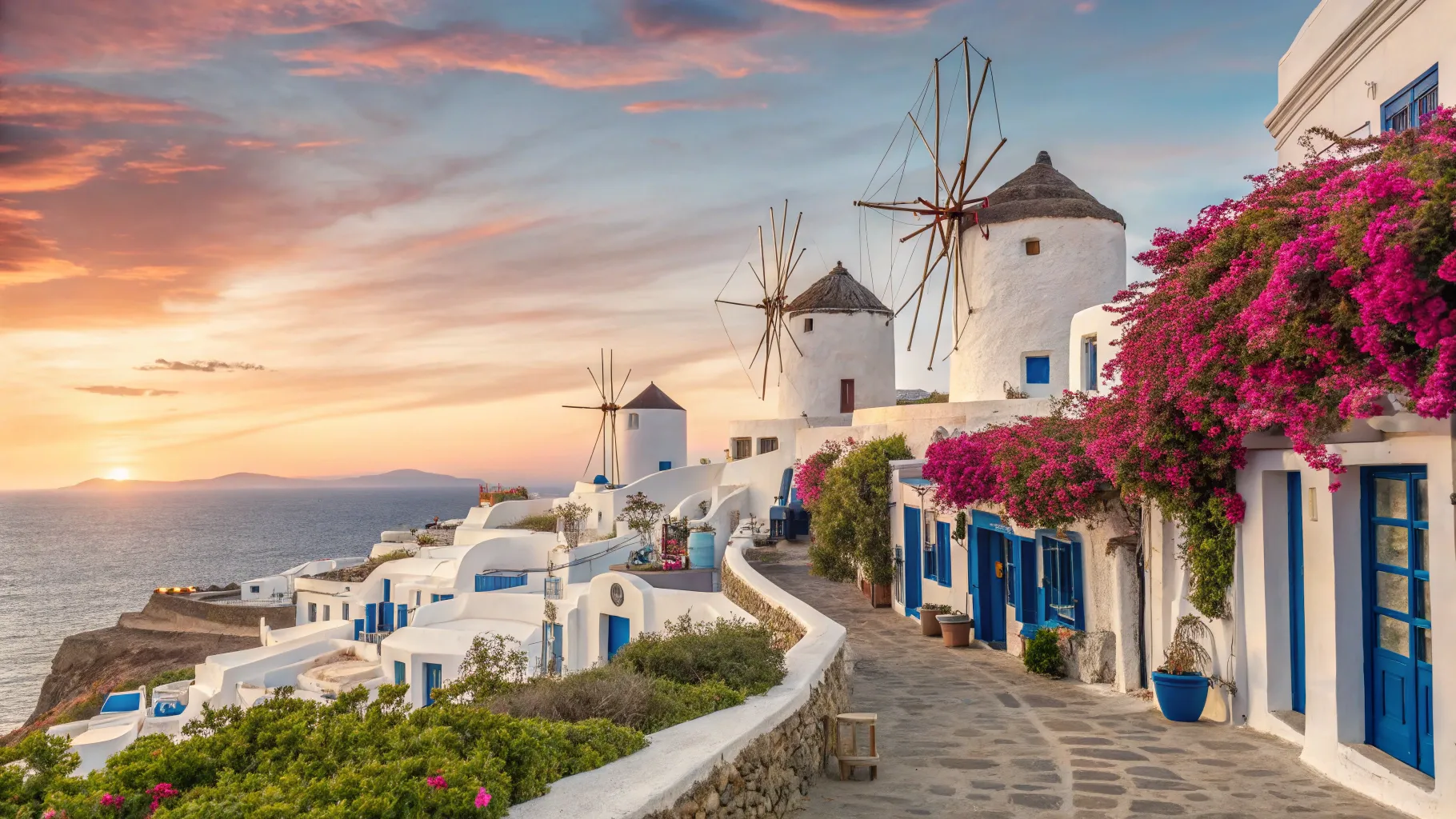Explore The Ultimate 7-Day Mykonos Tour Package Guide: Sunset over Mykonos Town and sea.