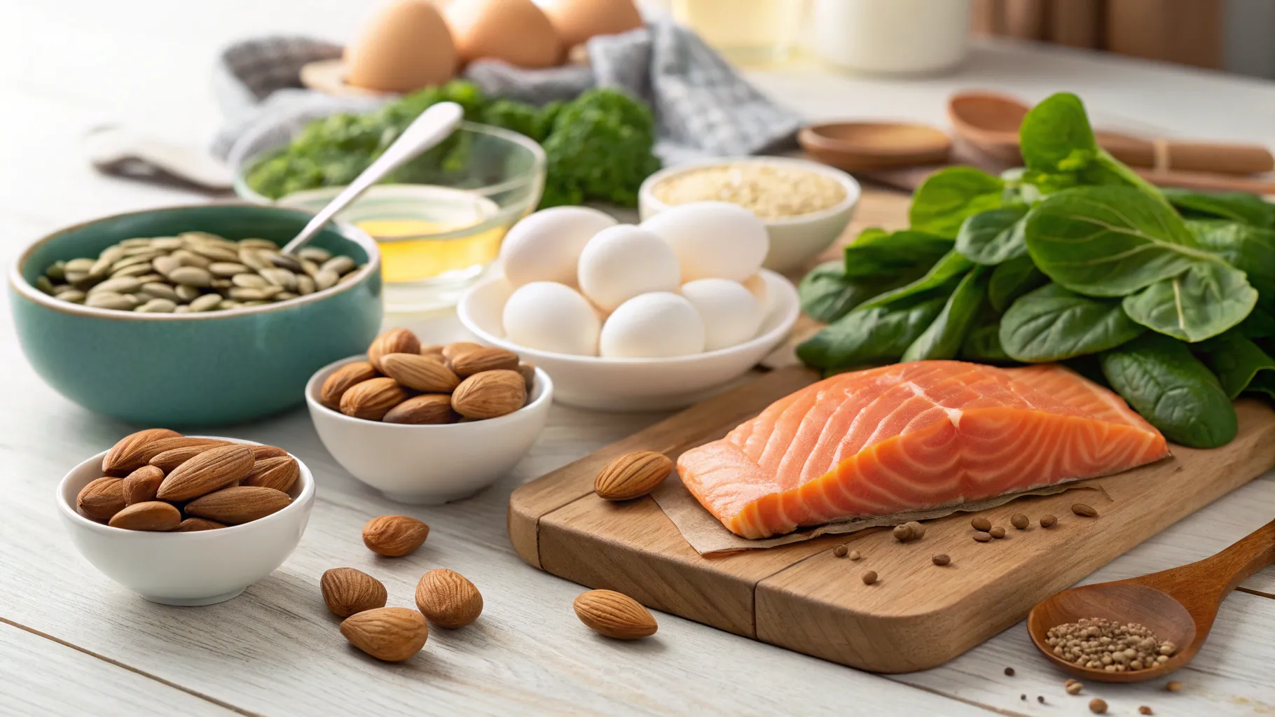 Symptoms of Thyroid Problems: A display of healthy foods supporting thyroid health.