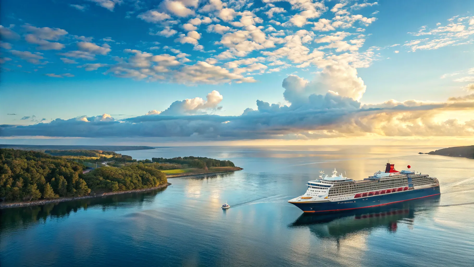 UK to Denmark Cruise features a luxury ship voyaging across tranquil waters towards Denmark.