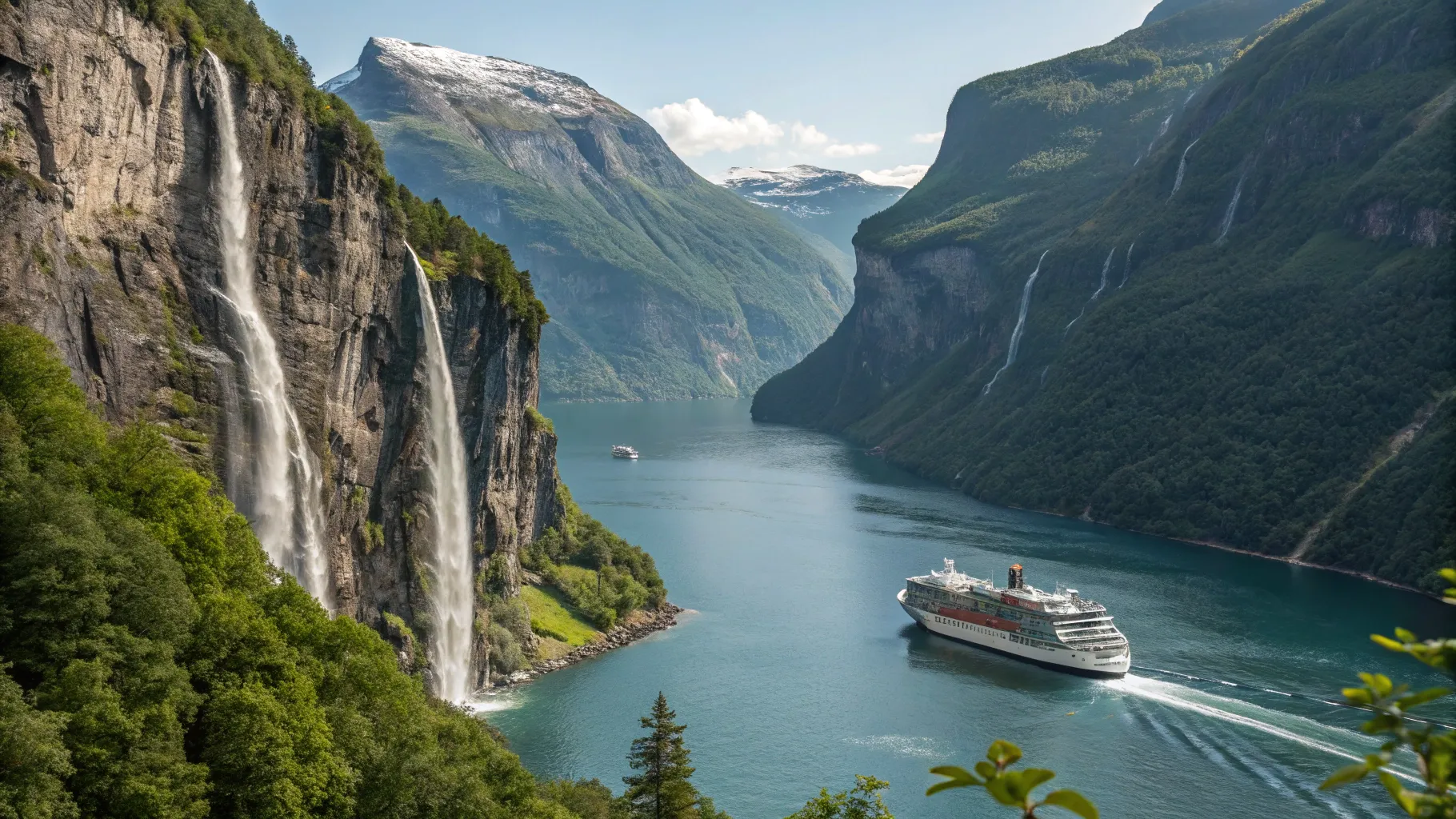 UK to Norway Cruise showcases majestic fjords and tranquil waters at sunset.