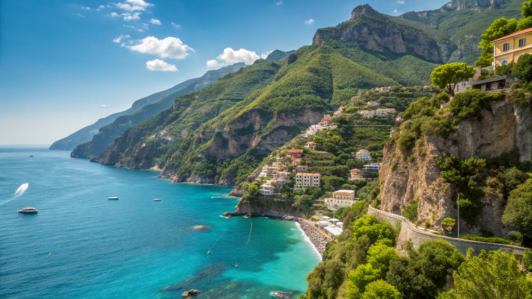 Travel from United Kingdom to Italy 2026, stunning view of the Amalfi Coast's cliffs and sea.