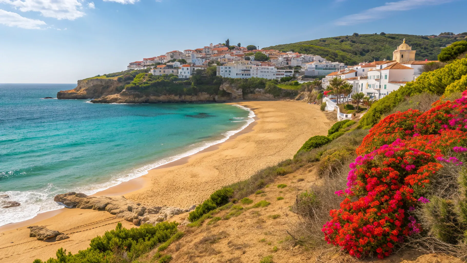 Travel from United Kingdom to Spain 2026: Stunning coastal view emphasizing beach and village.