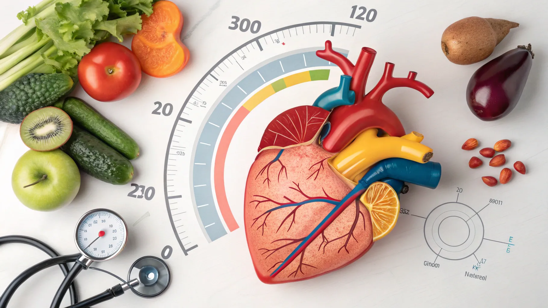 Cholesterol Levels by Age in a detailed illustration of a healthy heart and lifestyle.