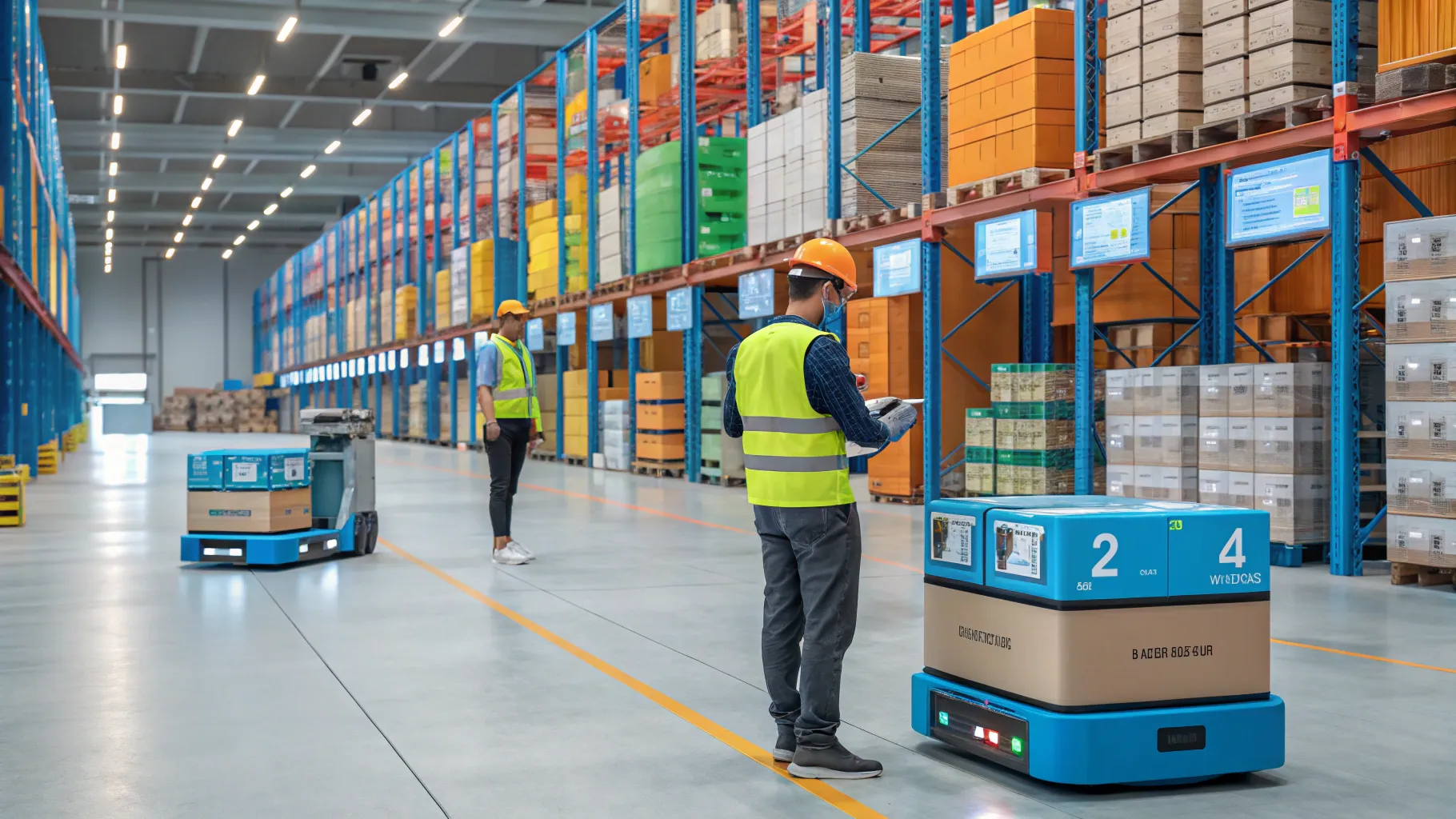 Warehouse packing positions with robots and workers enhancing efficiency and teamwork.
