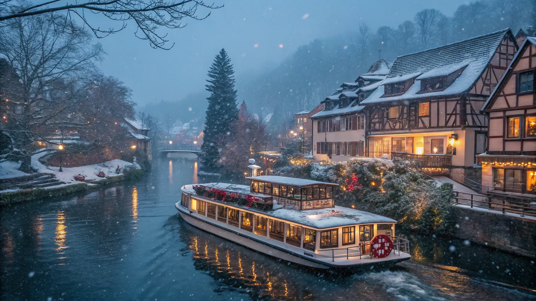 Christmas River Cruises glide past festive markets under twinkling holiday lights.