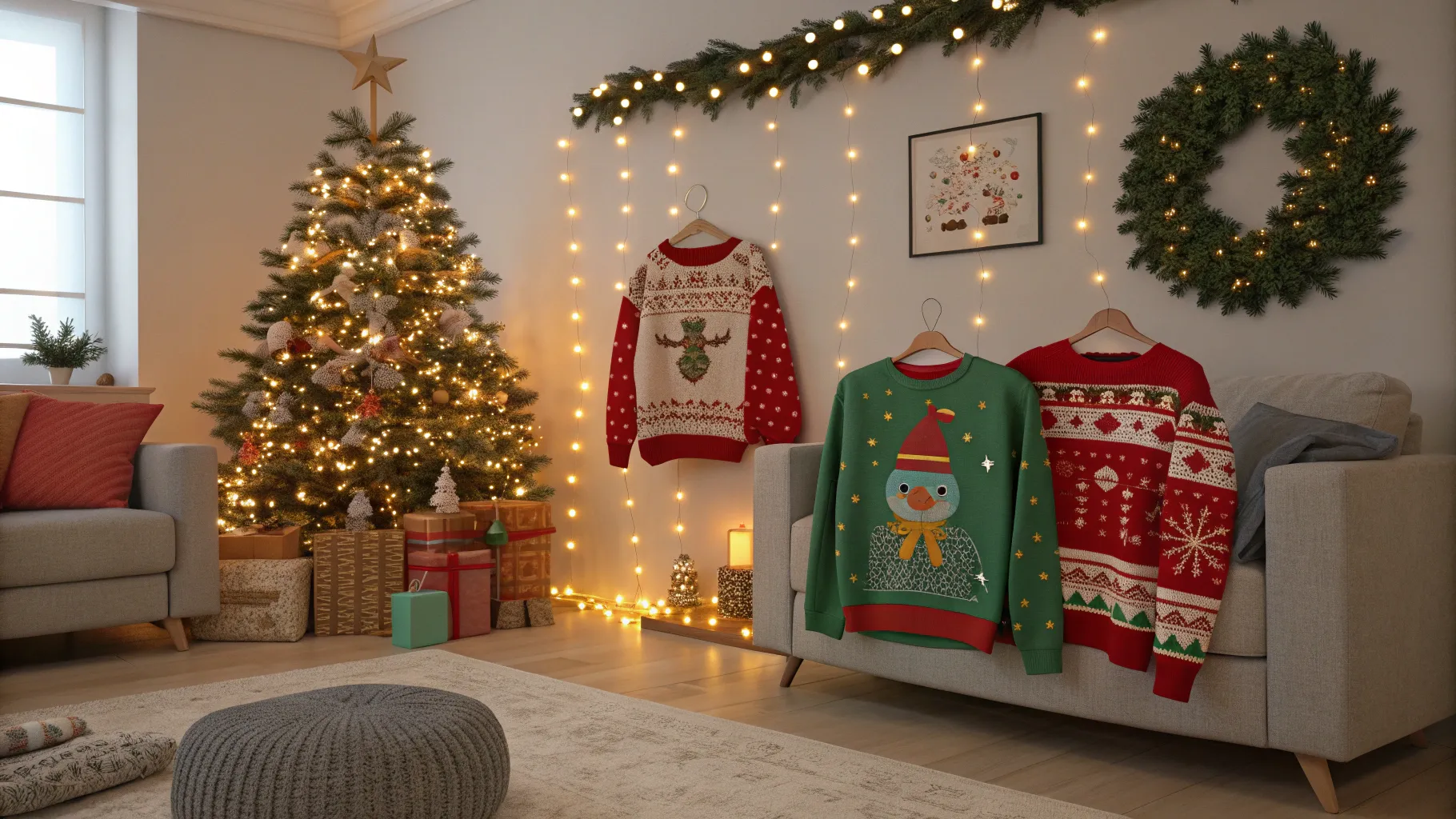 Christmas sweaters trends 2025 showcase vibrant designs in a festive living room setting.