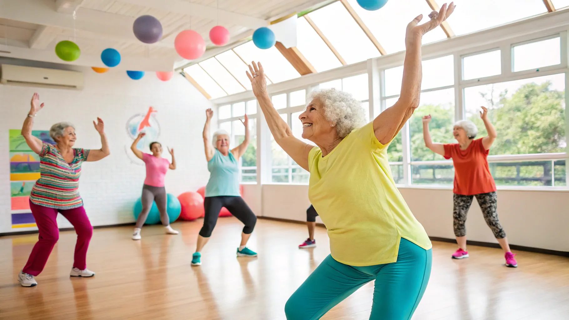 Zumba Classes for Seniors filled with energy and colorful attire in a community center.