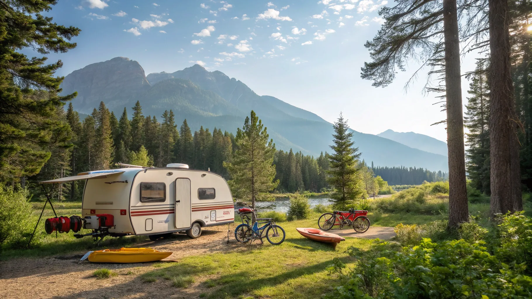 Travel Trailers for Rent parked in a serene campsite, with lush trees and a vibrant sunset.