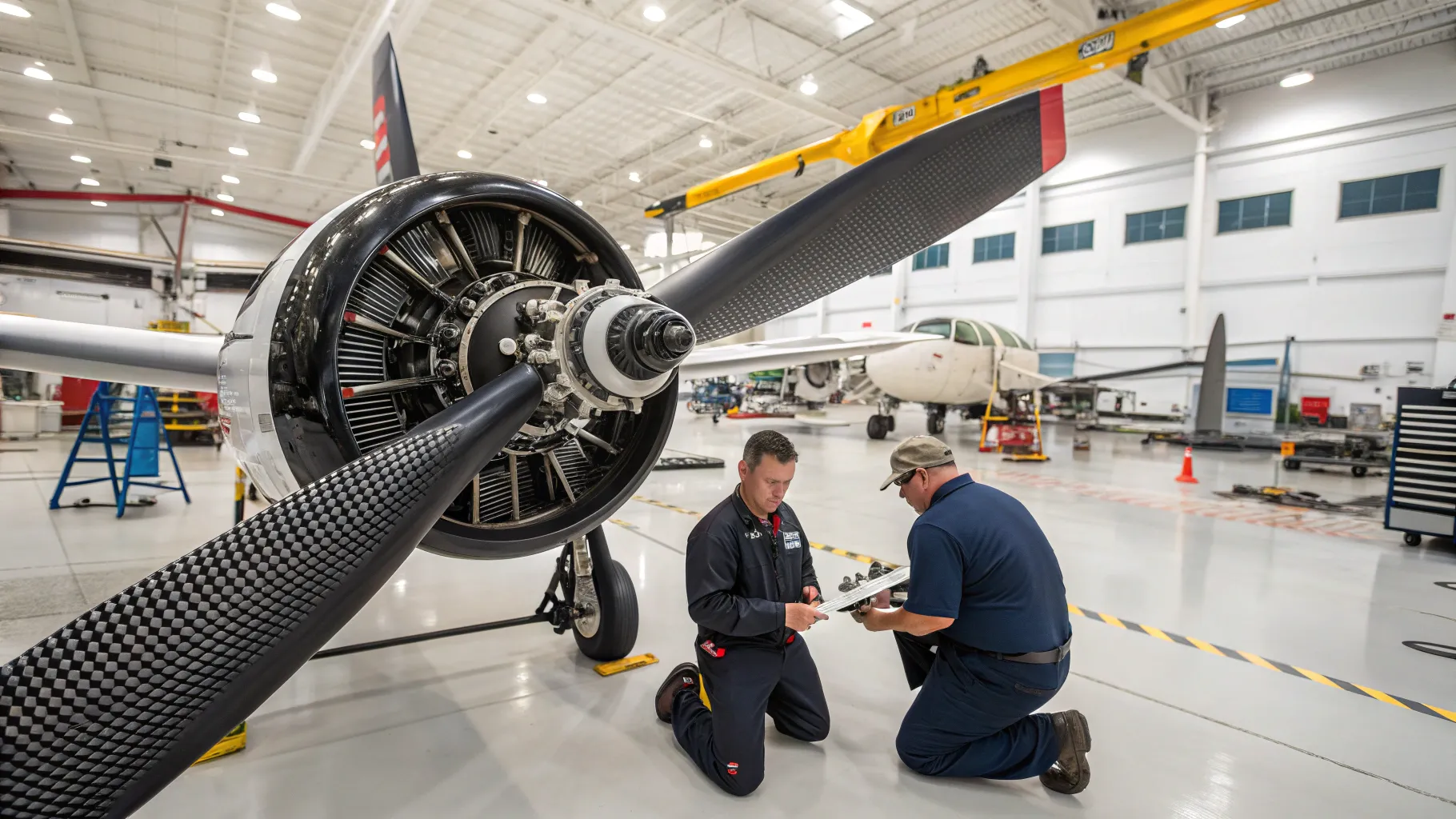 Replacement Propeller Blades in a high-tech maintenance hangar, highlighting inspection intricacies.