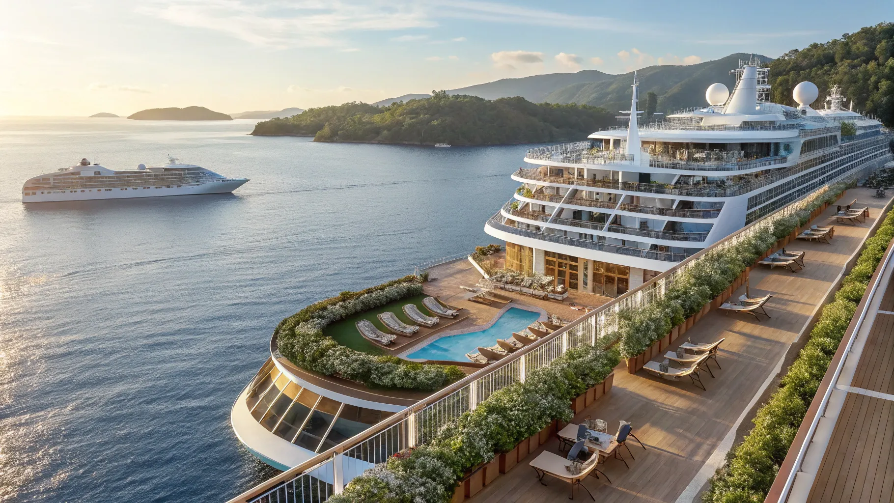Curious About Cruises For Seniors? A luxury cruise ship glides through serene waters.
