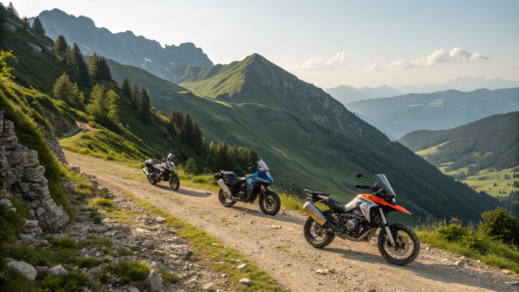 All terrain motorcycles for sale parked on a rugged mountain trail with scenic views.