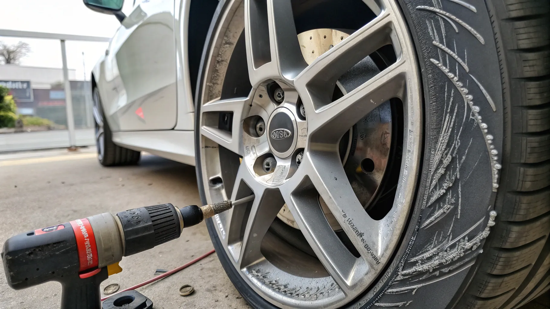 Alloy wheel curb rash repair shows damage details with tools for restoration.