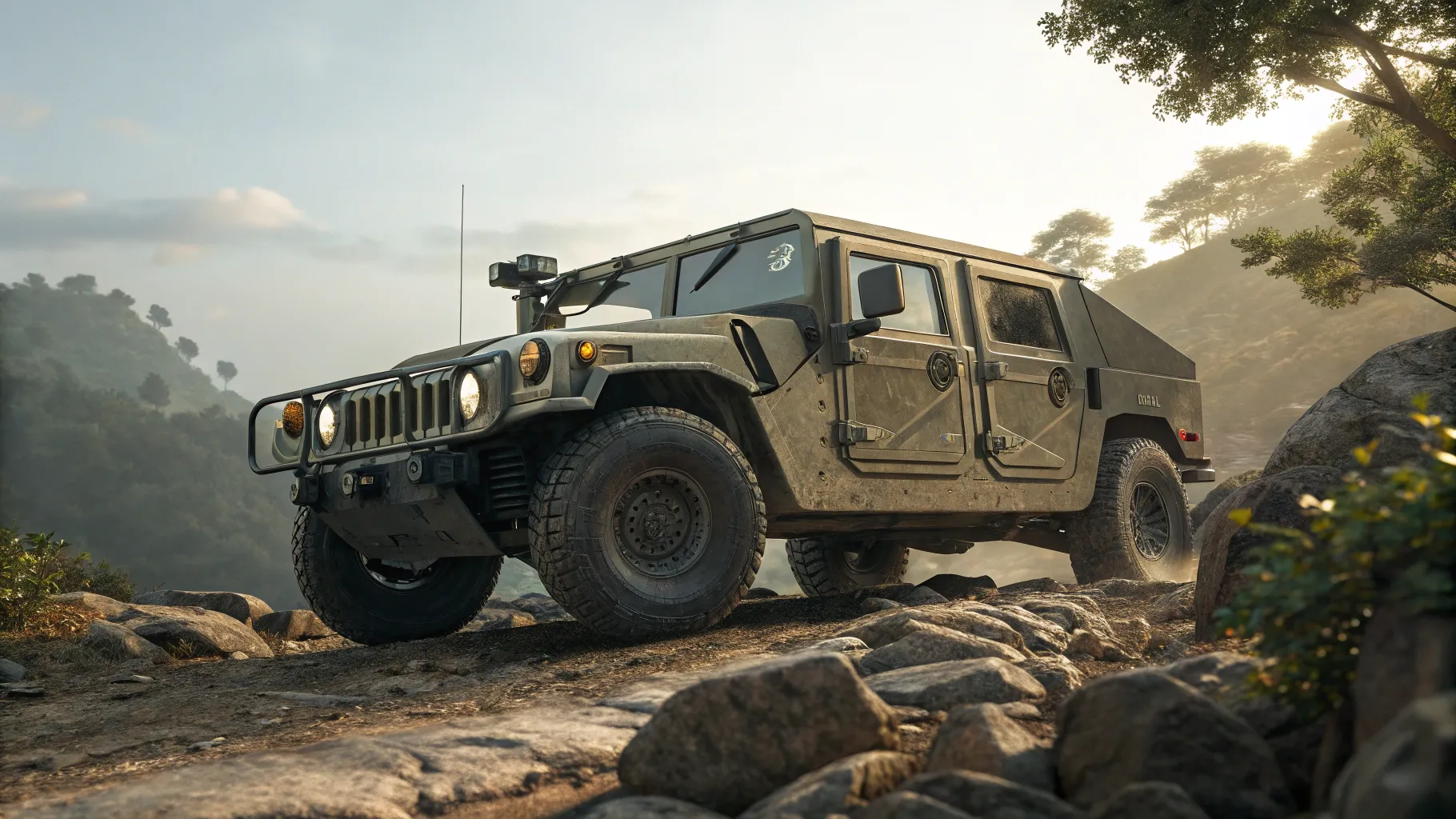 army hummer for sale with military features on rugged terrain surrounded by nature.