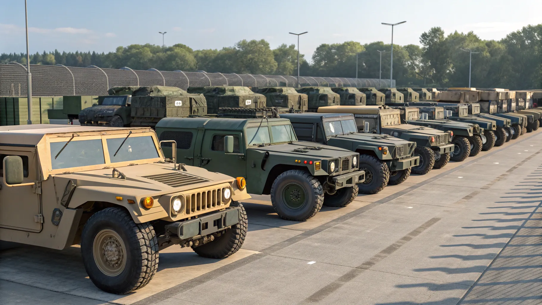 Army surplus vehicles for sale, featuring Humvees and military trucks in a sunny auction yard.