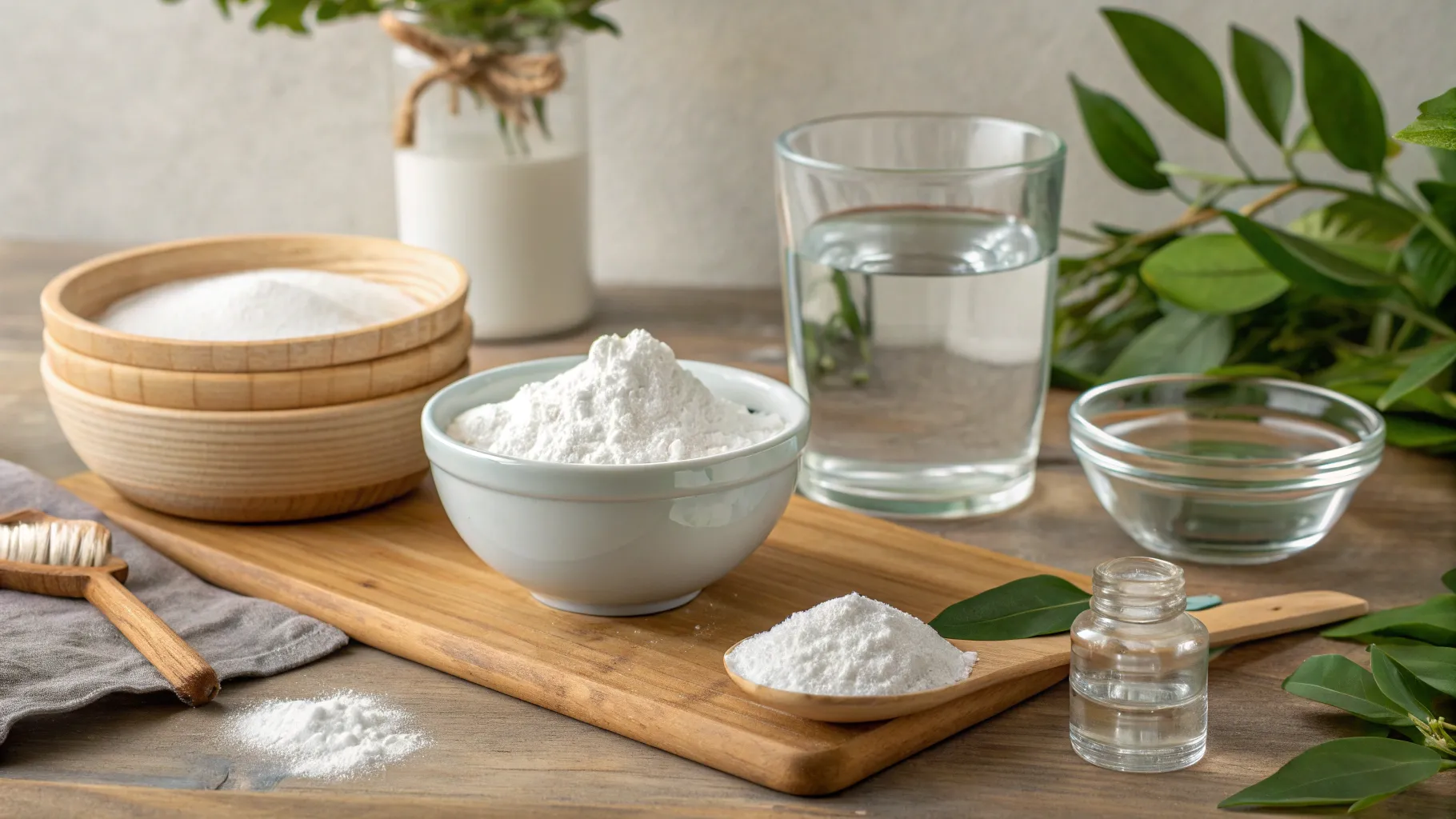 Health Benefits of Baking Soda: Various uses of baking soda arranged on a wooden countertop.