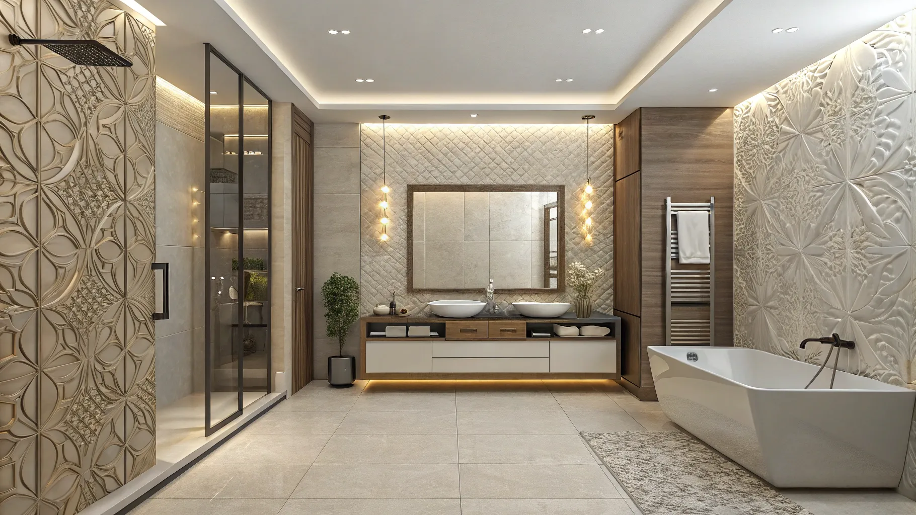 Bathroom Wall Panels in a chic bathroom with stylish decor and intricate textures.