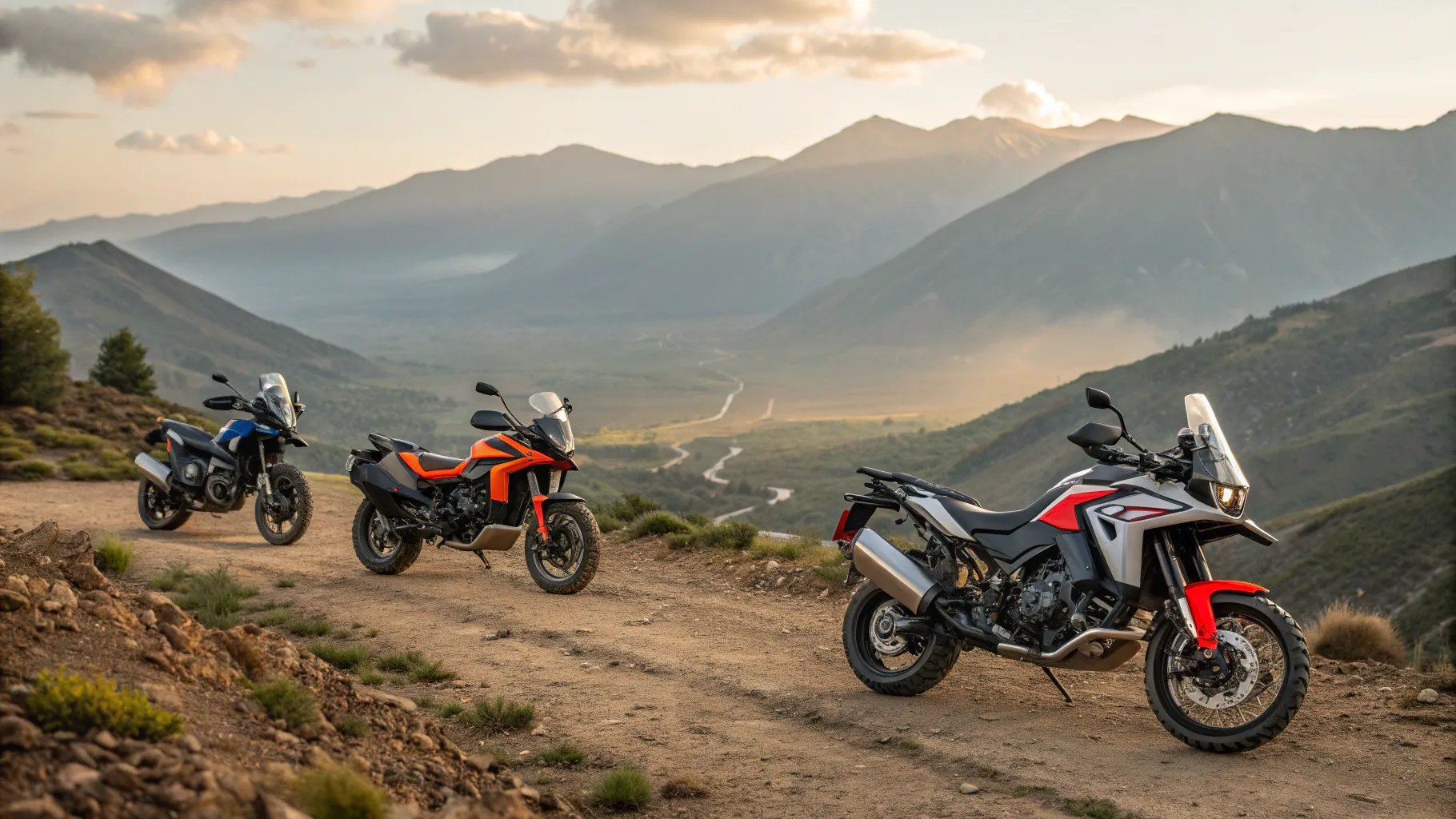 adventure bikes 2025 for sale amidst breathtaking mountain scenery and rugged landscapes.