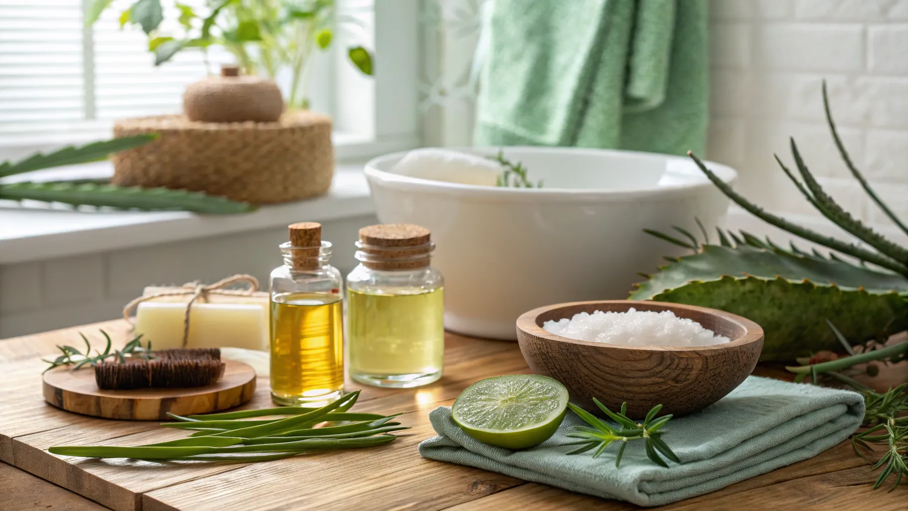 Natural Hair Growth Remedies: A tranquil bathroom scene showcasing various natural oils and plants.